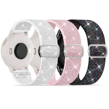 Imagem de Pacote com 3 pulseiras elásticas compatíveis com Garmin Vivoactive 5/6/Forerunner 55/165/245 femininas, tiras de substituição de tecido elástico brilhante macio de 20 mm para Venu Sq/Sq 2/2 Plus