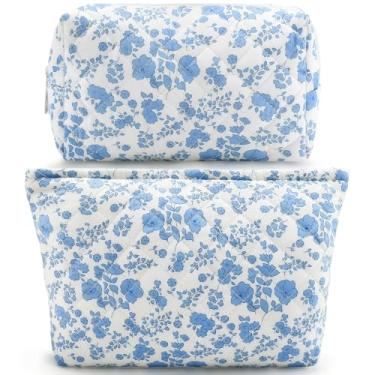 Imagem de 2 peças de bolsa de maquiagem de algodão acolchoada grande bolsa de maquiagem de viagem pequeno conjunto de porta-pincéis para mulheres, bolsa de maquiagem floral coquete fofa bolsa de cosméticos
