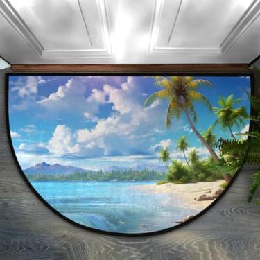 Imagem de Tapete de porta meio redondo, oceano, praia, palmeira, verão, antiderrapante, absorvente, semicírculo, tapetes laváveis, para ambientes internos e externos, pátio, cozinha, banheiro, entrada, lareira