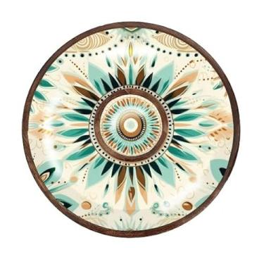 Imagem de Bandeja e travessa de madeira de manga Sova, redonda, 30,5 cm, padrão mandala, turquesa e marrom