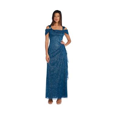 Imagem de R&M Richards Vestido maxi feminino tomara que caia | Vestido de chiffon com glitter na cintura império com detalhe de strass | para coquetéis noturnos, Azul-petróleo, 46