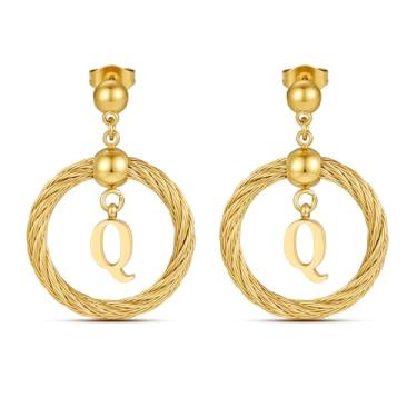 Imagem de Xiacheng Brincos de argola de ouro 18 quilates com inicial de aço inoxidável, hipoalergênicos, presentes modernos para mulheres, declaração delicada, pingente de letra A-Z, joia à prova d'água, Medium