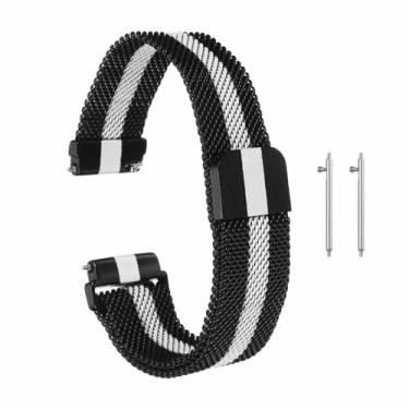 Imagem de HARFINGTON Pulseira de relógio de malha de aço inoxidável de 16 mm de substituição de metal de liberação rápida com fivela magnética para homens e mulheres, preto e branco