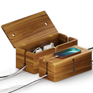 Imagem de BLUEWEST Pacote com 2 caixas de gerenciamento de cabos, caixas organizadoras de cabos grandes Acacia para filtro de linha – Caixa oculta de cabos de madeira com 3 compartimentos abertos para fios de