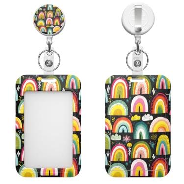 Imagem de Porta-crachá retrátil com clipe de mosquetão e chaveiro, várias opções de padrões, bonito e moderno (árvore arco-íris)