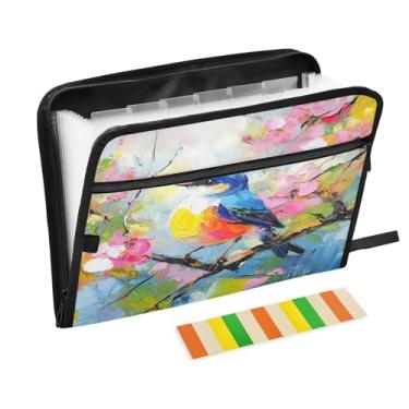 Imagem de CEBUGI Pasta expansível de 13 bolsos, impermeável, sanfonada, organizador de arquivos com etiquetas tamanho A4, organizador de documentos de papel para escola, material de escritório, pássaro colorido