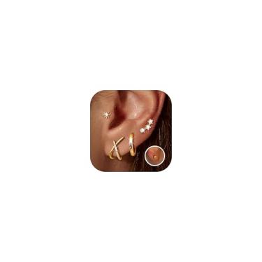 Imagem de FUNRUN JEWELRY Brincos pequenos de prata esterlina 925 para mulheres, hipoalergênicos, banhados a ouro 14 k, brincos de argola delicados para vários piercings, 4 pares, Aço inoxidável, Zircônia cúbica