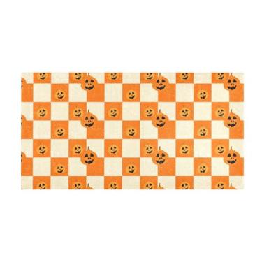 Imagem de Burbuja Tapete de corredor laranja xadrez abóbora de pelúcia antiderrapante tapete de borracha para corredor, quarto, sala de estar, decoração de entrada, lavável na máquina, 51 x 99 cm