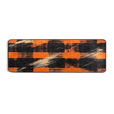 Imagem de Qilmy Tapete xadrez retrô laranja e preto 183 x 61 cm, antiderrapante, antifadiga, confortável, tapetes longos, para quarto, sala de estar, banheiro, corredores, entrywa484