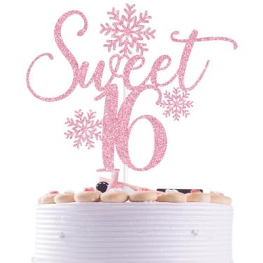 Imagem de Topo de bolo rosa com glitter doce 16, decoração de bolo de floco de neve feliz aniversário de 16 anos, decoração de festa de 16 anos com tema de floco de neve de inverno suprimentos