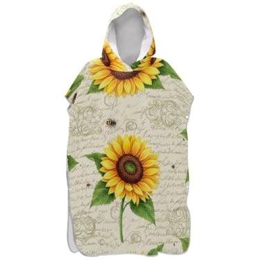 Imagem de Joisal Roupão para adultos poncho de surfe com capuz toalha de natação bonito plus size adulto ponchos para mulheres girassóis vintage abelhas