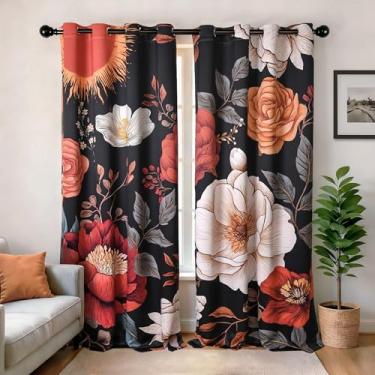 Imagem de XWZO Cortinas blecaute floral boho para quarto, cortinas vintage com estampa botânica de meados do século, cortina preta, 2 painéis de comprimento 2 painéis para sala de estar, ilhós, decoração boêmia