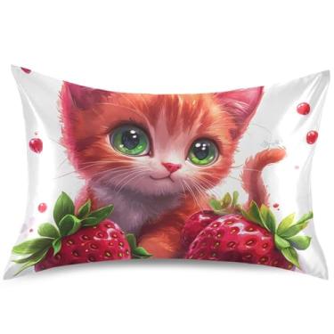 Imagem de Capa de almofada de cetim de gato morango fofo King Queen padrão capa de travesseiro com estampa fofa para cabelo e pele, tamanho king, 101,6 cm x 50,8 cm