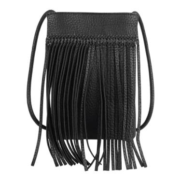 Imagem de Bolsa feminina Hobo de couro sintético com franja e franja, bolsa transversal para celular e moedas, Preto 2,5 cm de aumento de altura, One Size