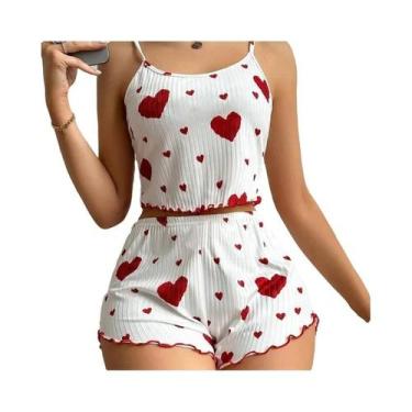 Imagem de Conjunto De Pijama Feminino Com Estampa De Coração, Top Cropped Sem Ma