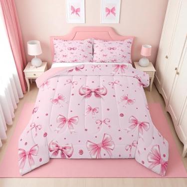 Imagem de Erosebridal Conjunto de edredom infantil de gravata borboleta rosa para meninas, conjunto de cama fofo de gravata borboleta rosa para crianças, conjunto de cama com laço de princesa, nó de borboleta