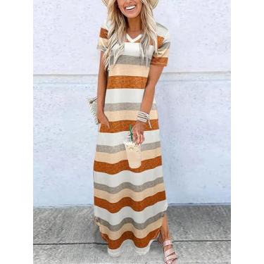 Imagem de Vestido maxi feminino listrado com gola V - vestido de verão casual de manga curta com fenda lateral, Laranja, Small