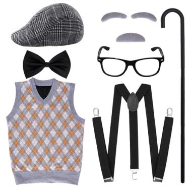 Imagem de Yymobt 7 peças fantasia masculina 100 dias de escola, fantasia masculina de 100 dias de escola para fantasia de avô de Halloween dos anos 20, Laranja, Standard