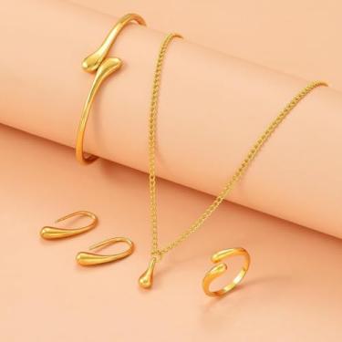 Imagem de Conjunto de joias femininas em forma de gota de 4 peças, brincos de anel de pulseira de colar da moda, acessórios versáteis minimalistas, uso diário moderno, Medium, Metal, Sem Pedra Preciosa