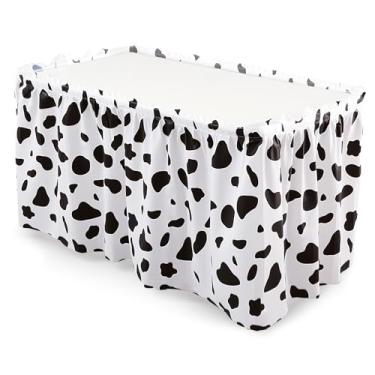 Imagem de Hahafelt Saias de mesa de plástico com estampa de vaca de 73 x 400 cm para mesas retangulares, saias de mesa descartáveis com estampa de vaca preta e branca com faixa adesiva para festa de fazenda