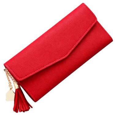 Imagem de Carteira Feminina Estilo Envelope com Zíper, Pingente Decorativo de Coração e Borla (Vermelho)