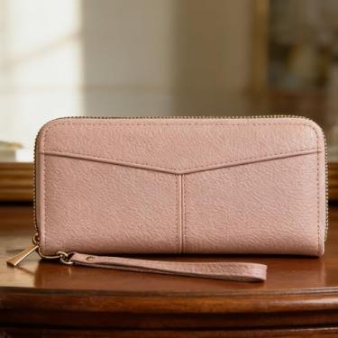 Imagem de Carteira feminina, elegante minimalista, longa, com zíper duplo, bolsa de mão de couro, organizador de grande capacidade com vários compartimentos para cartões e bloqueio RFID (rosa)
