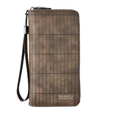 Imagem de Carteira masculina clássica marrom claro com alça longa em relevo em couro macio resistente à água, dobrável tradicional com revestimento protetor e fecho de alça