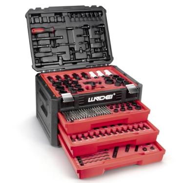 Imagem de LLNDEI Conjunto de ferramentas mecânicas e conjunto de soquetes, 1/10.2 cm 3/20.3 cm 1/5.1 cm Drive Deep e Soquetes padrão 12 pontos, 390 peças SAE e kit de ferramentas mecânicas métricas com brocas