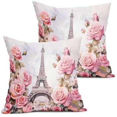 Imagem de aportt Capas de almofada de Dia dos Namorados 45,7 x 45,7 cm Conjunto de 2 fronhas decorativas de flores rosa românticas da rua de Paris para aniversário de casamento, decoração de casa para sofá e