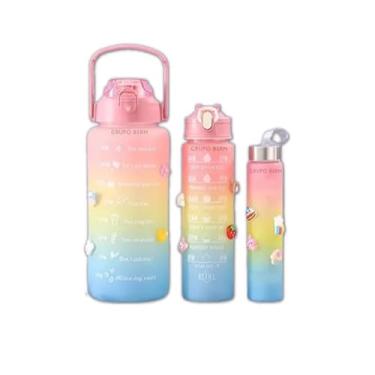 Imagem de Kit 3 Garrafas Squeeze Motivacional, 300ml, 900ml e 2L, Tie Dye, com Canudo e Alça
