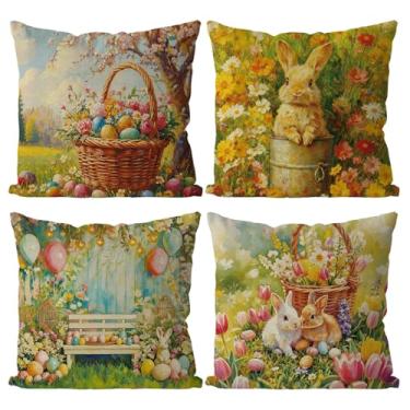 Imagem de GAGEC Capas de almofada de coelho cesta de Páscoa 45,7 x 45,7 cm conjunto de 4 capas de almofada de flores de coelho decorativas para sofá, quarto