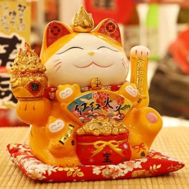 Imagem de FENNYYAR Braço ondulado de porcelana Maneki Neko amarelo dourado e pequeno gato branco, 23 cm, estátua de gato rico como decoração de casa