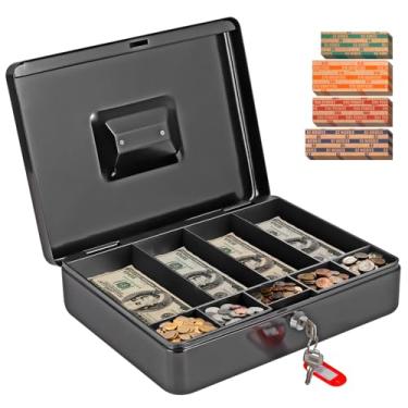 Imagem de Caixa de dinheiro SAFECash com bandeja de dinheiro e cadeado, caixa organizadora FiiMan com trava de metal para economia de dinheiro/dinheiro com chave e 100 peças sortidas, GG, grande (preto)