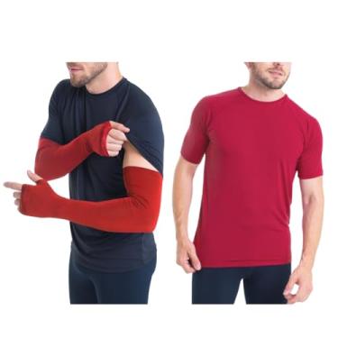 Imagem de Kit Camiseta Curta Masculina e Manguito com Dedo Esportiva Proteção UV50+ Academia Fitness Trygg (GG-G, Vermelho)