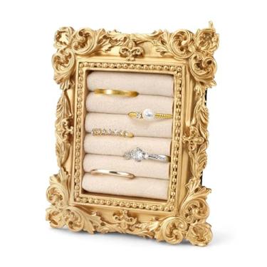 Imagem de Suporte de anel vintage de resina com interior de camurça, suporte de bandeja de exibição de anel de ouro retangular, organizador de joias barrocas para mulheres, presentes de aniversário e casamento
