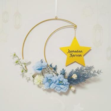 Imagem de Coroas de flores Eid Ramadan Mubarak, guirlanda floral de metal artificial, guirlanda de lua Eid Al-fitr, decoração para porta da frente, parede, janela, ambientes internos e externos, decoração de