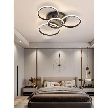 Imagem de Luminária de teto LED moderna, redonda, com intensidade regulável e controle remoto, em acrílico, com design econômico para iluminação de sala de jantar, quarto e cozinha (preta, 4 anéis).
