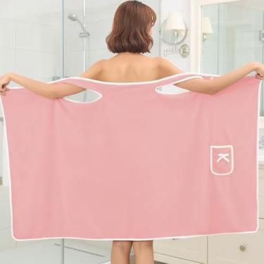 Imagem de Toalha de banho com design de bolso e laço, toalha de roupão de banho macia de secagem rápida para praia, piscina, banho e natação, rosa
