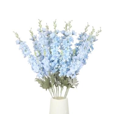 Imagem de GrainBuds 10 peças de flores artificiais Delphinium azuis claras, flores falsas, 88 cm, caule longo, flores de seda sintética, volume para vaso alto para decoração de mesa e arranjos florais em casa