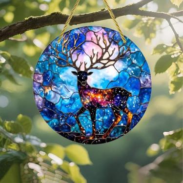 Imagem de Acrílico colorido Suncatcher, vitral, galáxia, veado, 18 cm, decoração de arte de parede com design de vitral impresso, ideia de presente e ornamento de jardim, uso interno e externo