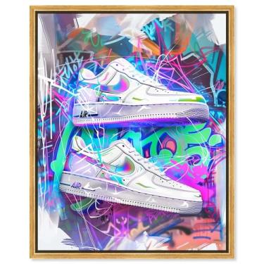 Imagem de Art Remedy Neon Graffiti Tênis de parede neon arte de tênis de lona, moldura dourada, 50,8 cm x 61 cm