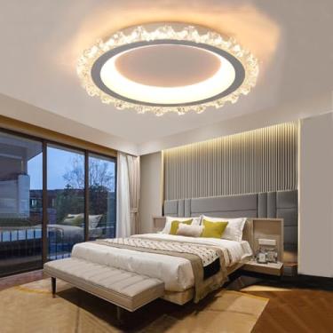 Imagem de Luminária pendente moderna redonda de LED para sala de estar, 53 x 7 cm, tricolor, com regulagem de intensidade, em acrílico, branca/preta, ideal para quarto, sala de estar e corredor (Branc