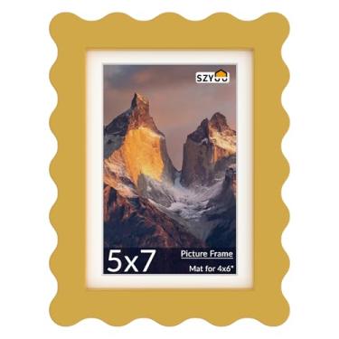 Imagem de SZYUU Porta-retrato ondulado 12 x 17 cm com tapete para 10 x 15 cm, moldura de vidro real e madeira - moldura para pendurar na mesa ou na parede (pacote com 1, amarelo)