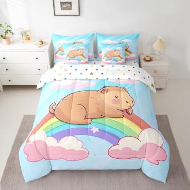 Imagem de Erosebridal Jogo de cama infantil fofo de capivara, 7 peças, conjunto de edredom com arco-íris, para quarto, cama aninal kawaii em uma bolsa, decoração de quarto de nuvem de desenho animado
