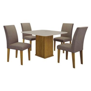 Imagem de Mesa De Jantar Napoli 90x90 Freijó Decor Off White Com 4 Cadeiras Mdf Freijó Joli Camurça - Leifer Móveis