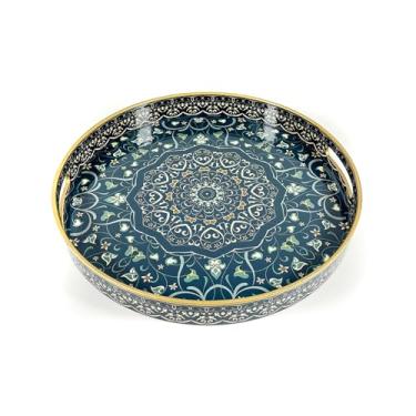 Imagem de Bandeja de servir redonda com alças, bandeja grande para mesa de centro otomana, bandeja de servir de plástico para sala de estar, bandeja decorativa boho de 38 cm
