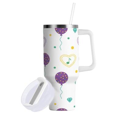 Imagem de ATTX Copo de balões de carnaval de 1,134 g com alça - Caneca de viagem de aço inoxidável isolada a vácuo, copo de café à prova de vazamento com canudo #86