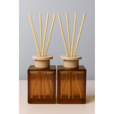 Imagem de Kit 2 Difusor de Vidro 200 ML Aromatizador de Ambiente Quadrado Rose Canelado com Tampa Bege + Varetas (2 Frascos S/Vareta)