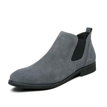 Imagem de Chelsea Botas masculinas casuais confortáveis sem cadarço camurça couro PU botas de cano curto elegantes para trabalho masculino, Cinza, 38