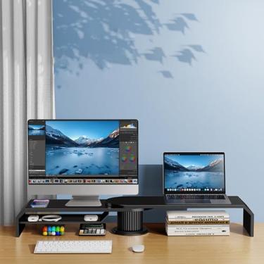 Imagem de ZDJZMGZ Suporte de canto para monitor de canto duplo com armazenamento, elevador de tela de mesa para 2 monitores, ângulo ajustável, prateleira de metal para computador/impressora/iMac (Cor: Preto)